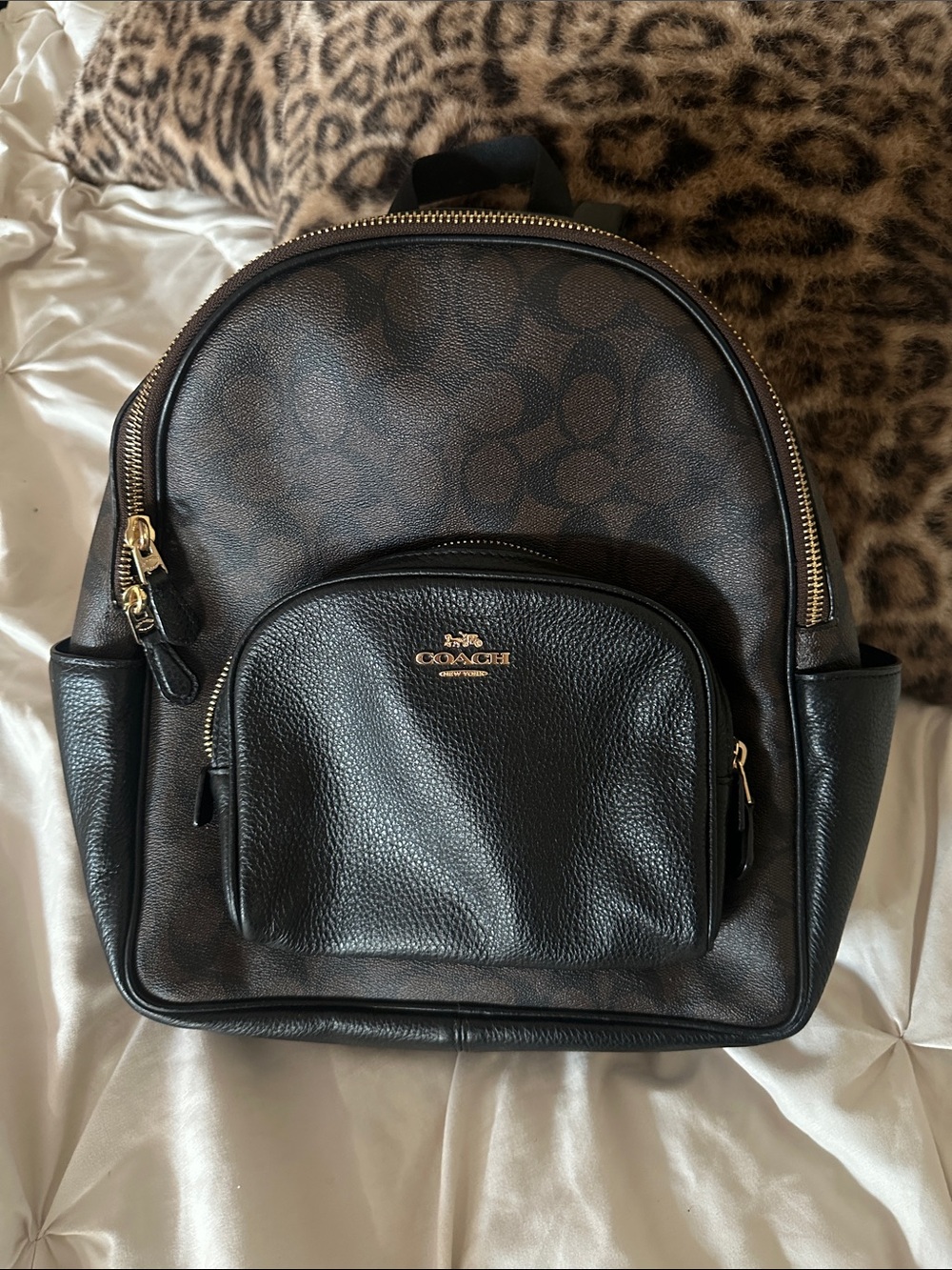 Coach Black Signature and Pebble Leather Backpack with Gold Hardware